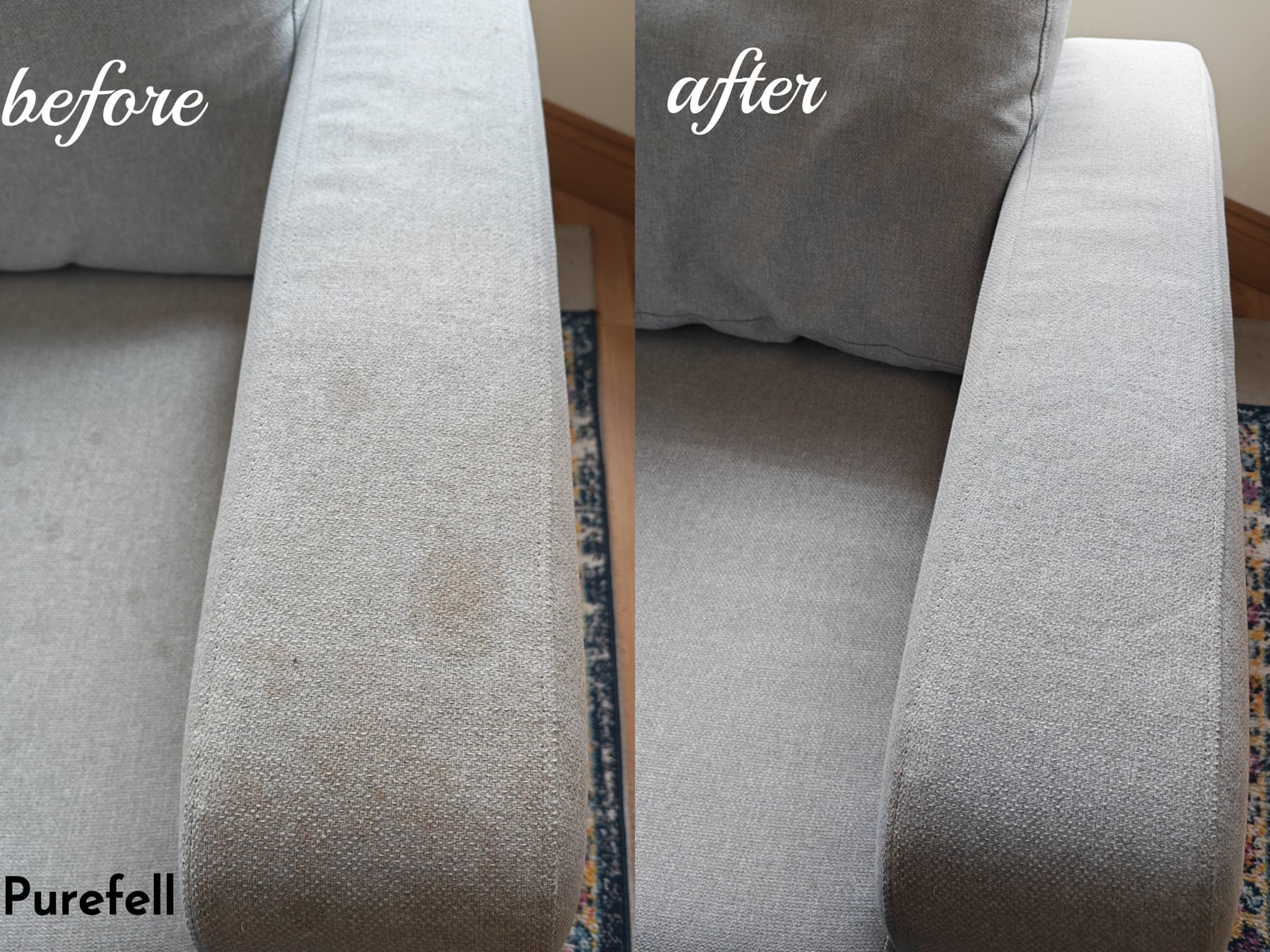 Before and after of a sofa cleaned by PureFell